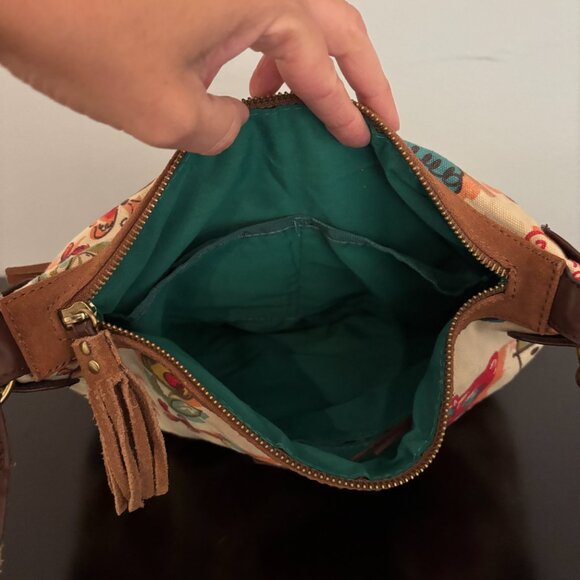 Lucky Brand Flowers and Butterfly Patterned Canvas Brown Suede Shoulder Bag - Picture 11 of 13